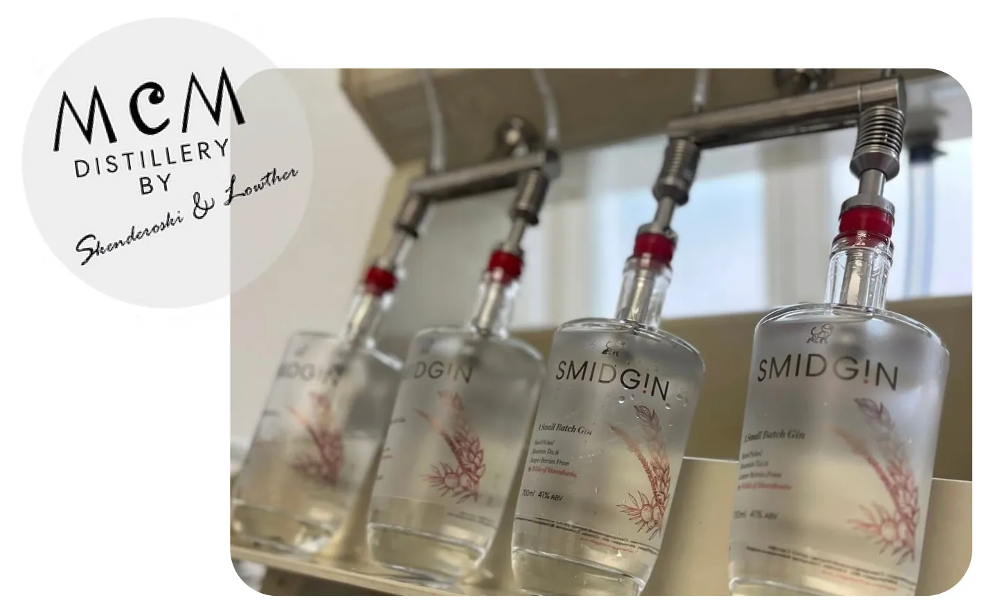 Smidgin bottles on the filling line, each finished by hand and sealed with red wax, overlaid with the MCM Distillery logo